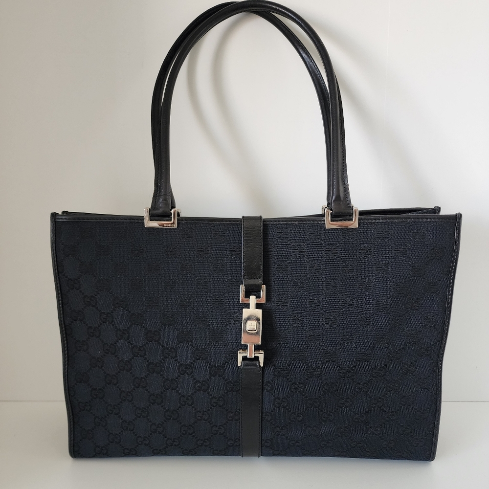 Vintage Gucci Monogram Jackie Bardot Large Black Tote Archival Tom Ford Y2K Era - Picture 3 of 11